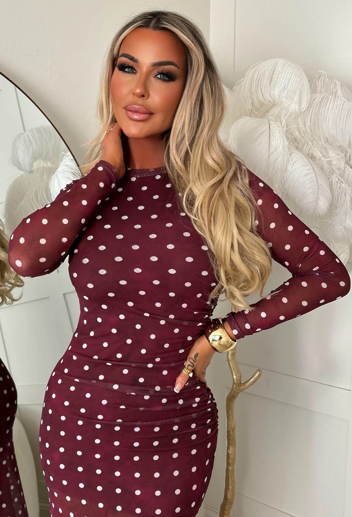 Venus Vibes Burgundy Spot Ruched Side Midi Dress - Image 3