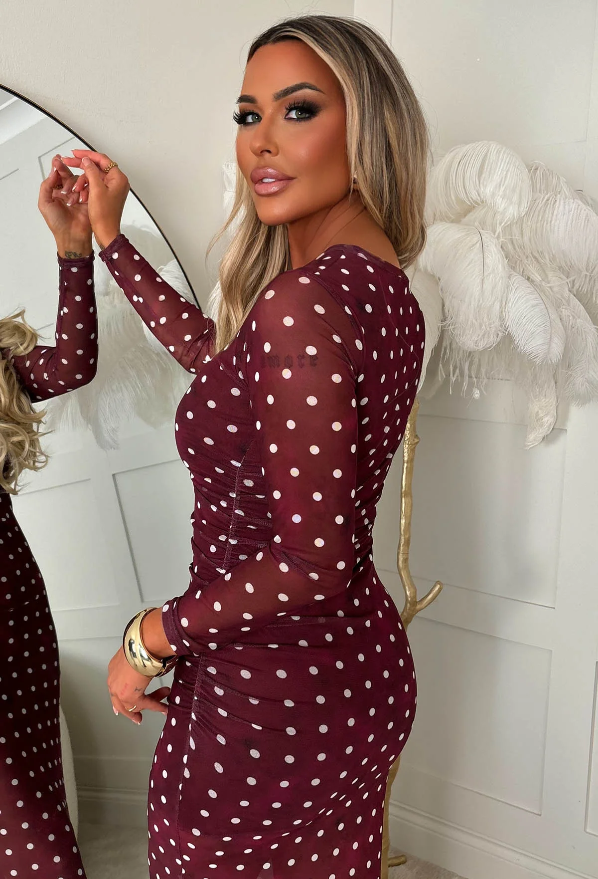 Venus Vibes Burgundy Spot Ruched Side Midi Dress - Image 4