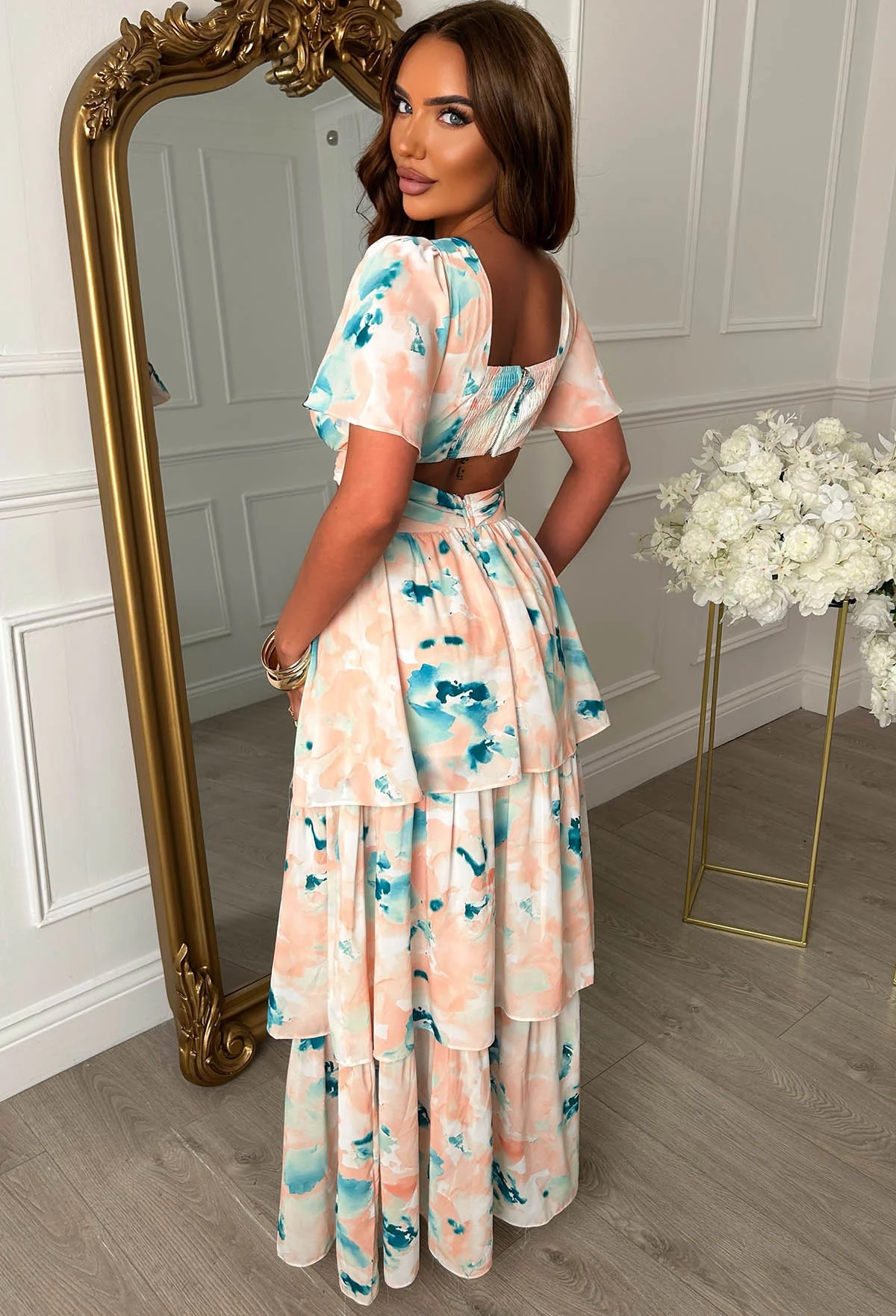 Vitamin Me Peach Abstract Print Short Sleeve Cut Out Maxi Dress - Image 2