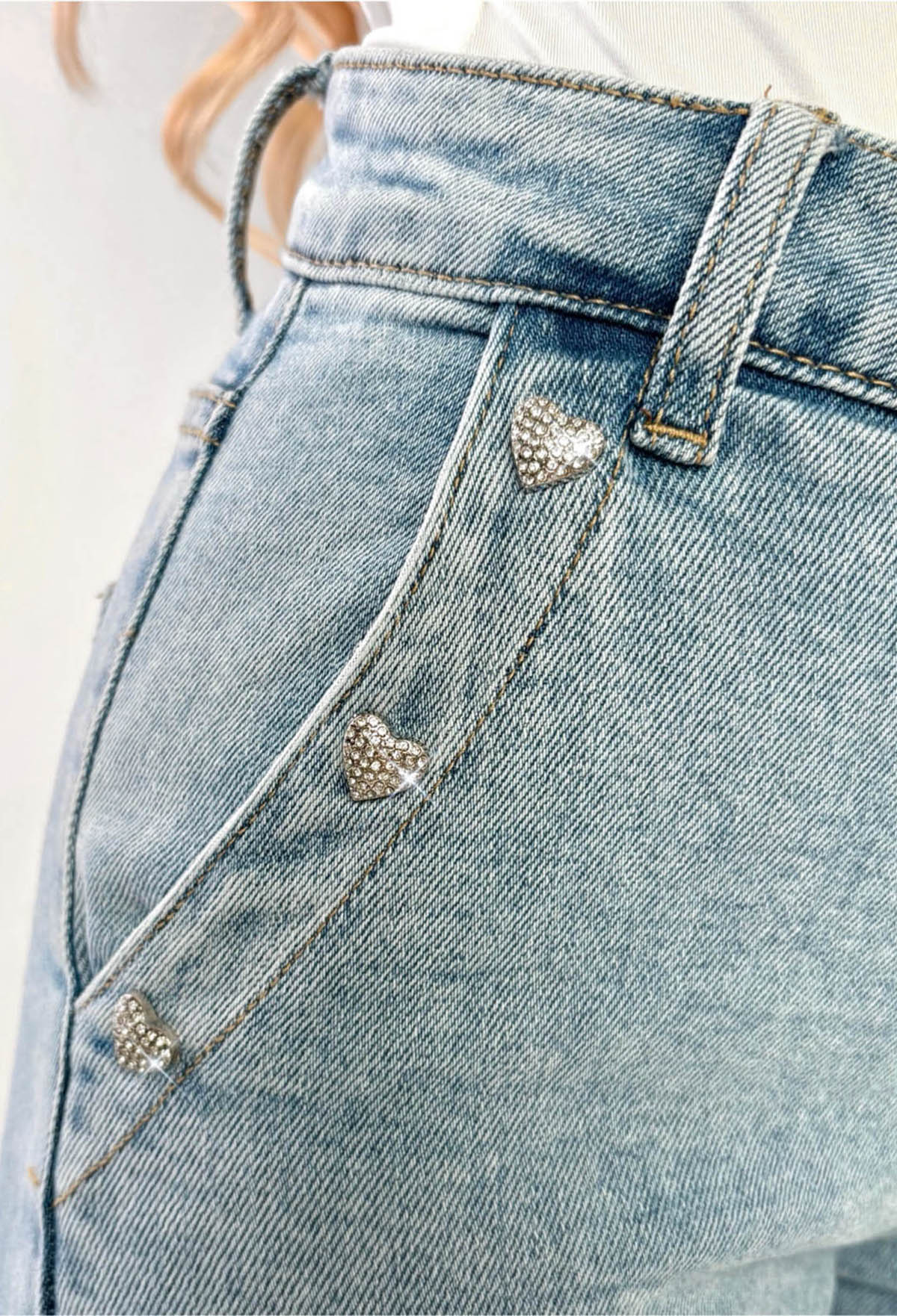 Viva Glam Light Wash Wide Leg Diamante Heart Jeans - Image 2