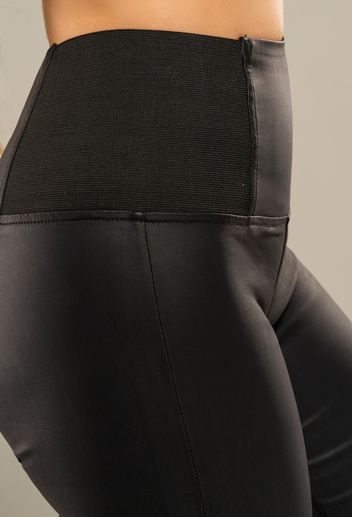 Waist Cincher Black Elasticated Faux Leather High Rise Leggings - Image 3