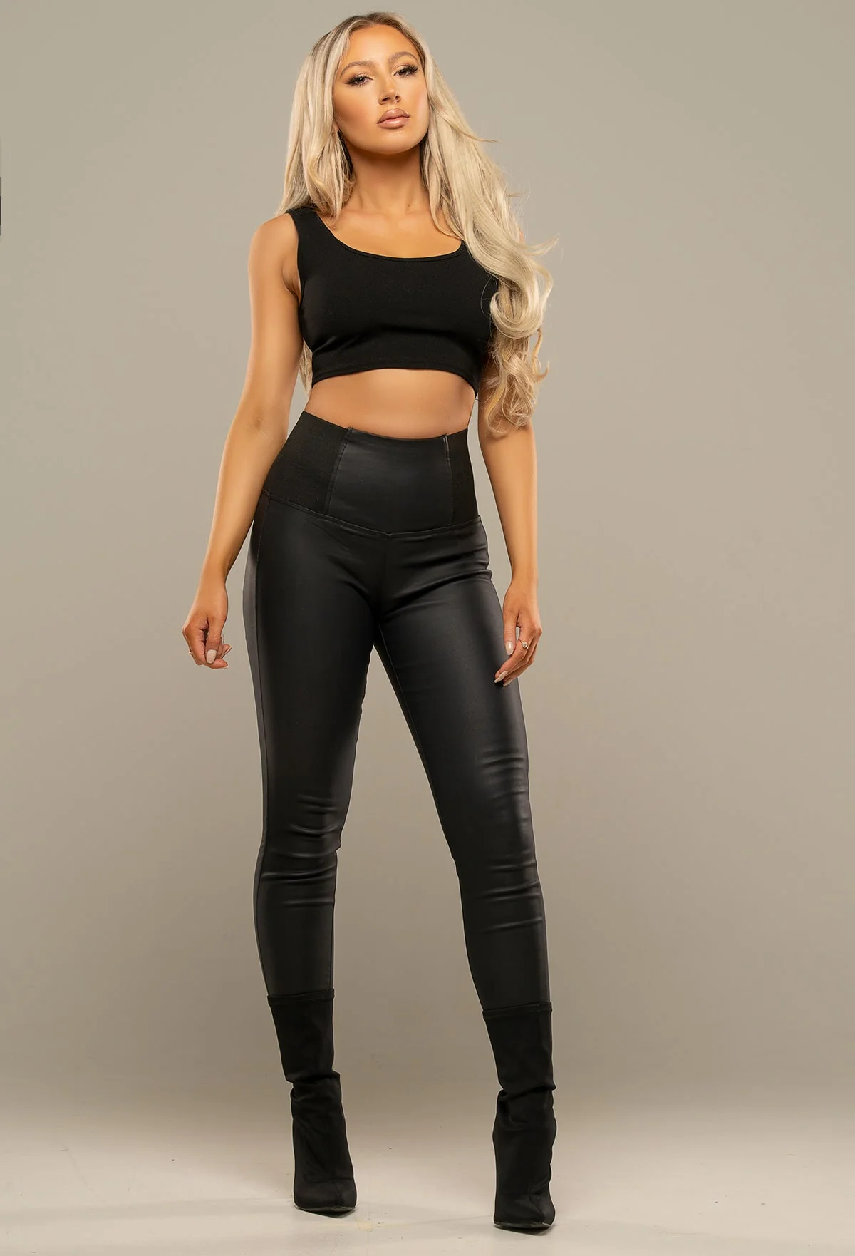 Waist Cincher Black Elasticated Faux Leather High Rise Leggings - Image 5
