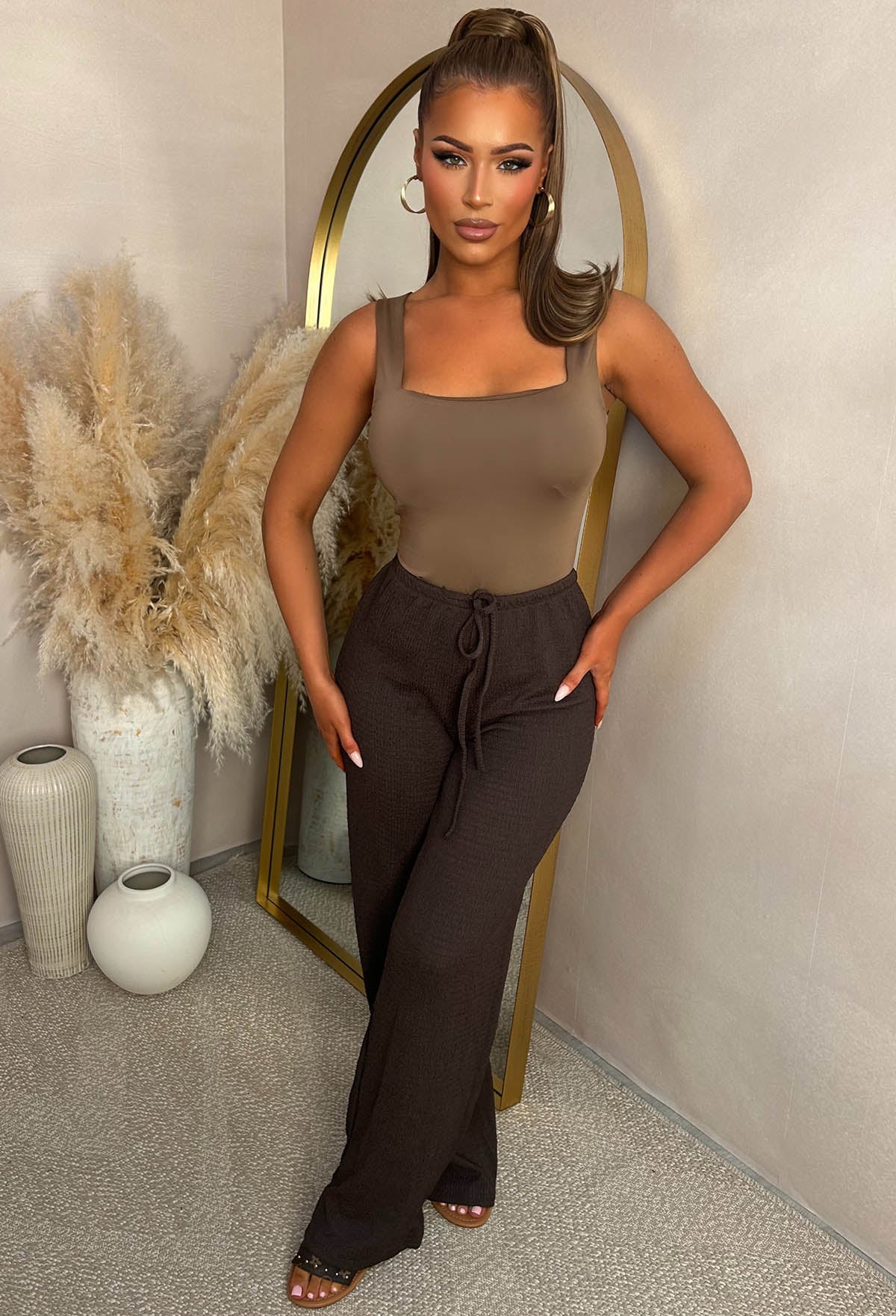 Wait For It Brown Elasticated Drawstring Trousers - Image 4