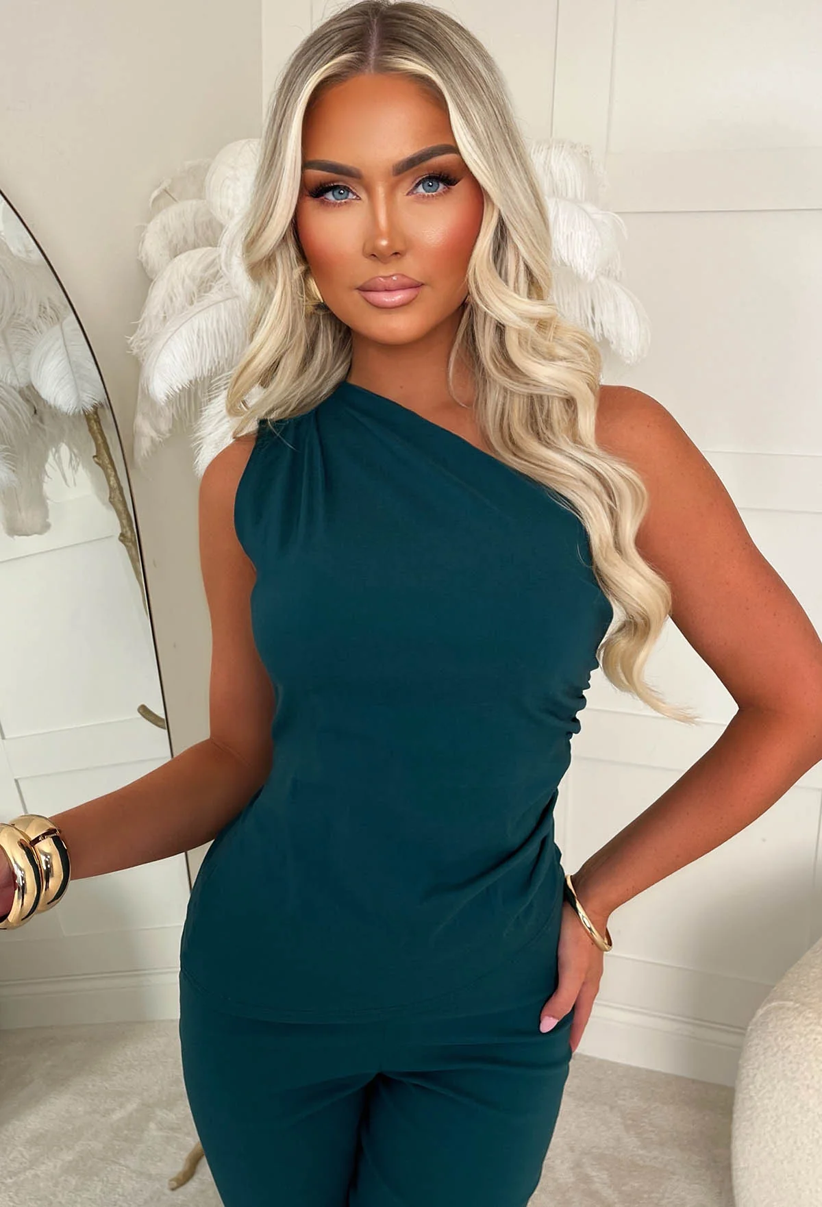 Want Her Teal Bengaline One Shoulder Zip Up Top - Image 4