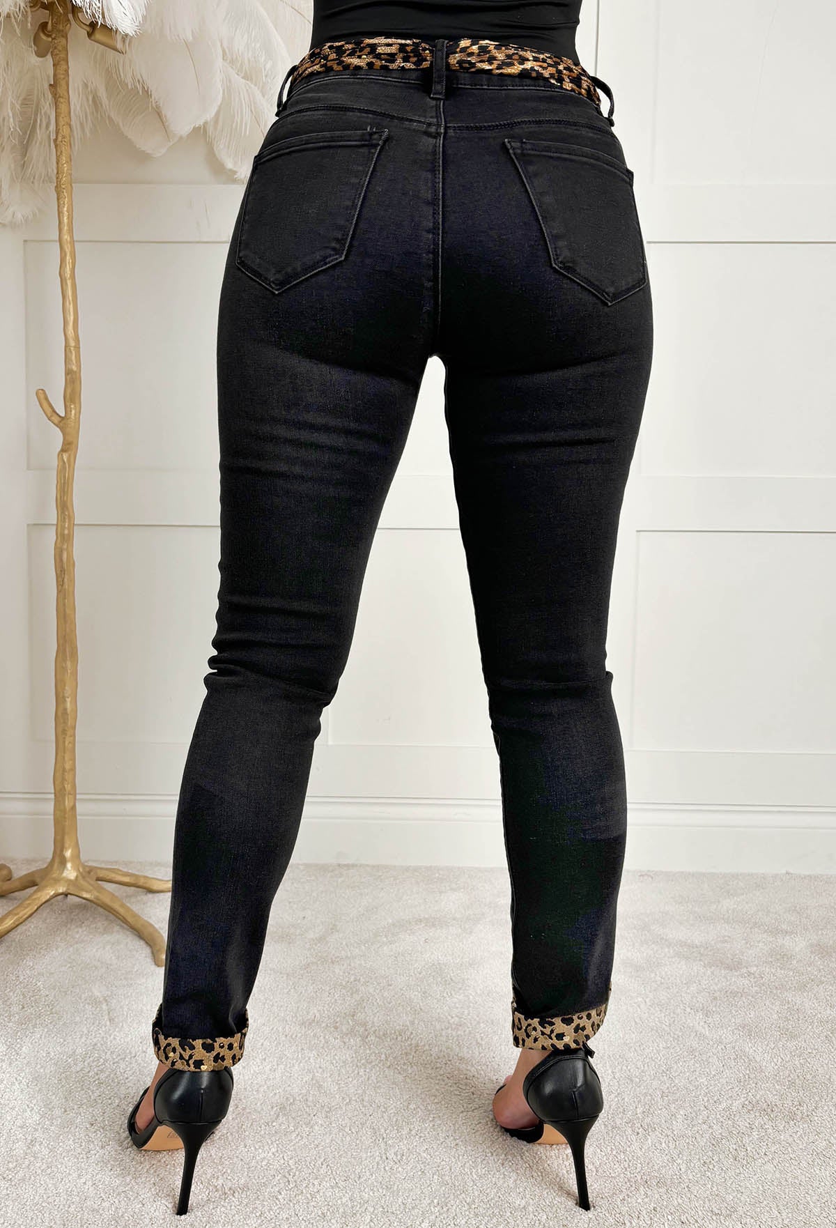 Wild & Chic Black Stretch Contrast Leopard Jeans - Image 4