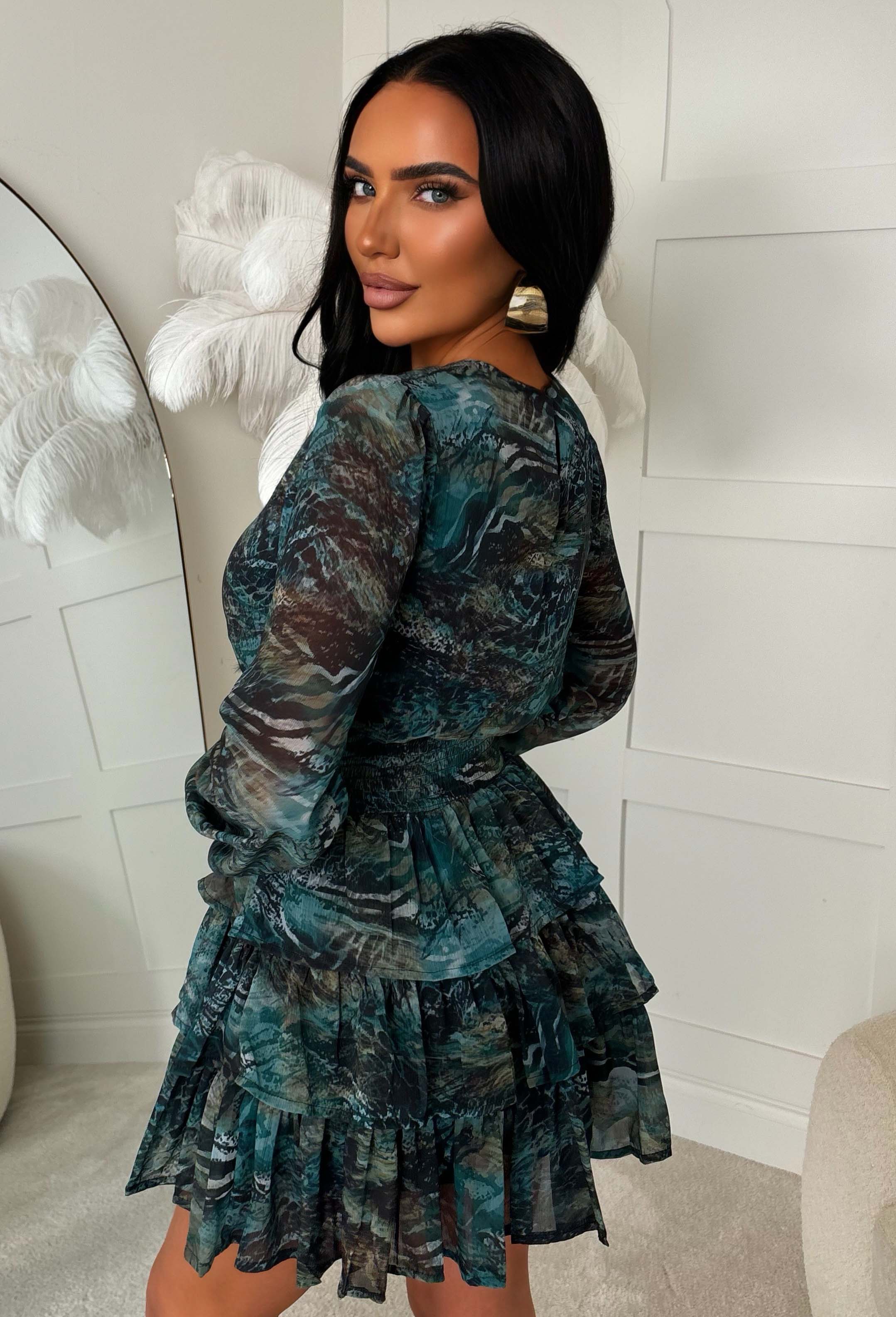 Wild Daydream Green Abstract Printed Shirred Waist Chiffon Ruffle Mini Dress - Image 2
