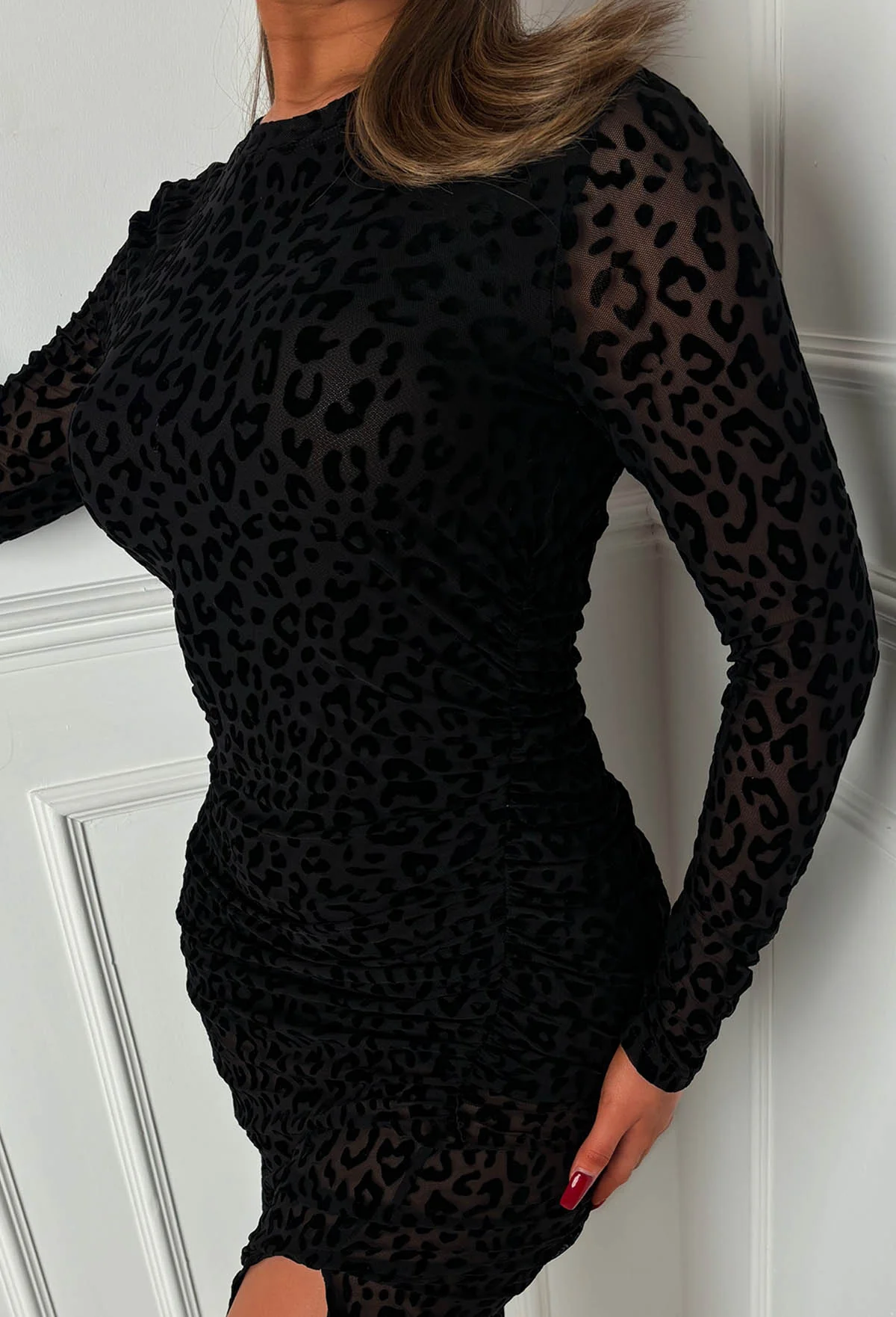 Wild Dreaming Black Flock Leopard Side Split Dress - Image 3