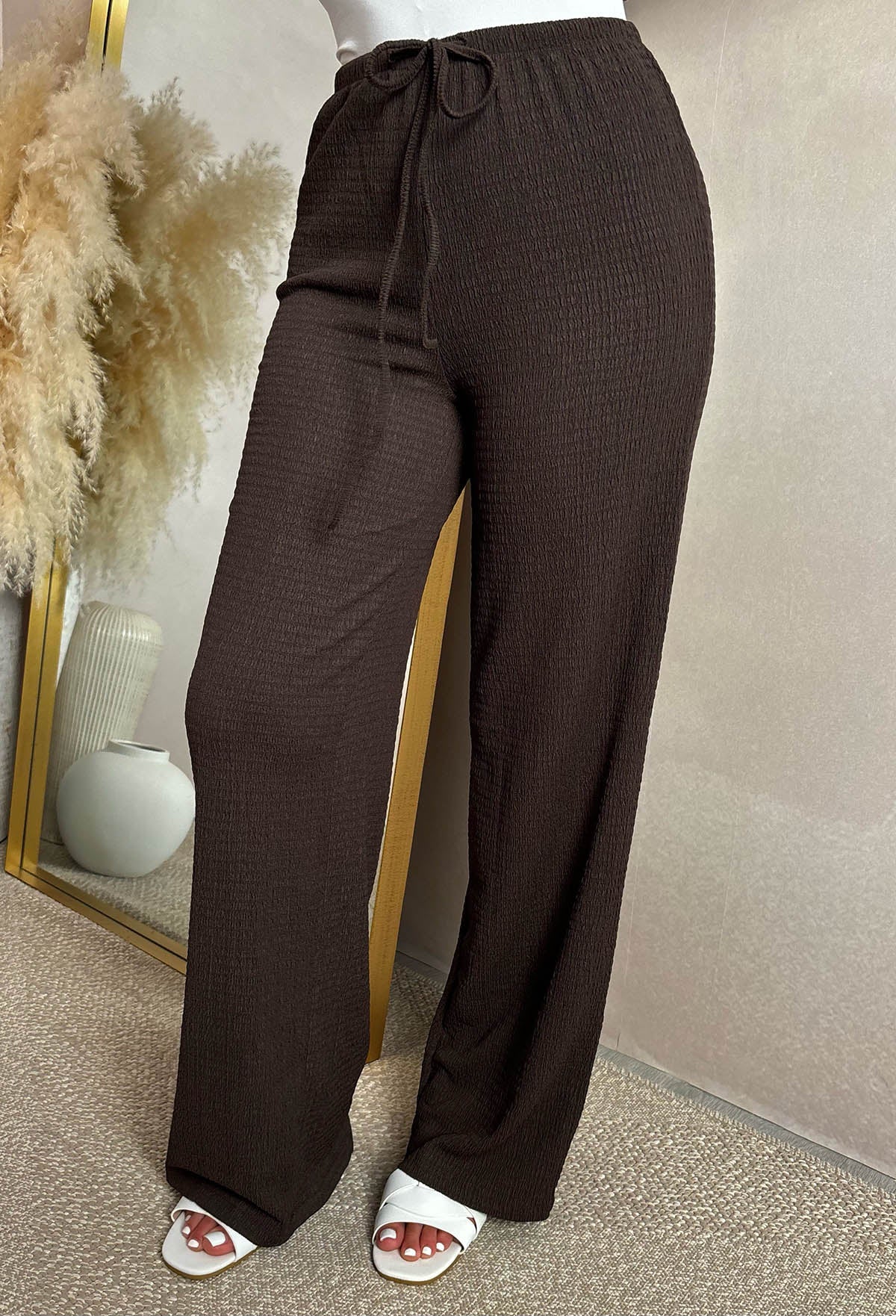 Wild Intentions Brown Textured Drawstring Straight Leg Trousers - Image 3