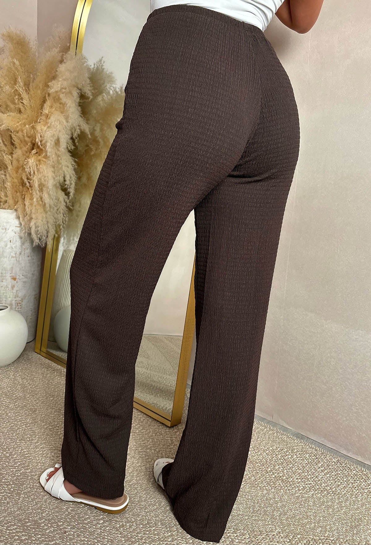Wild Intentions Brown Textured Drawstring Straight Leg Trousers - Image 4