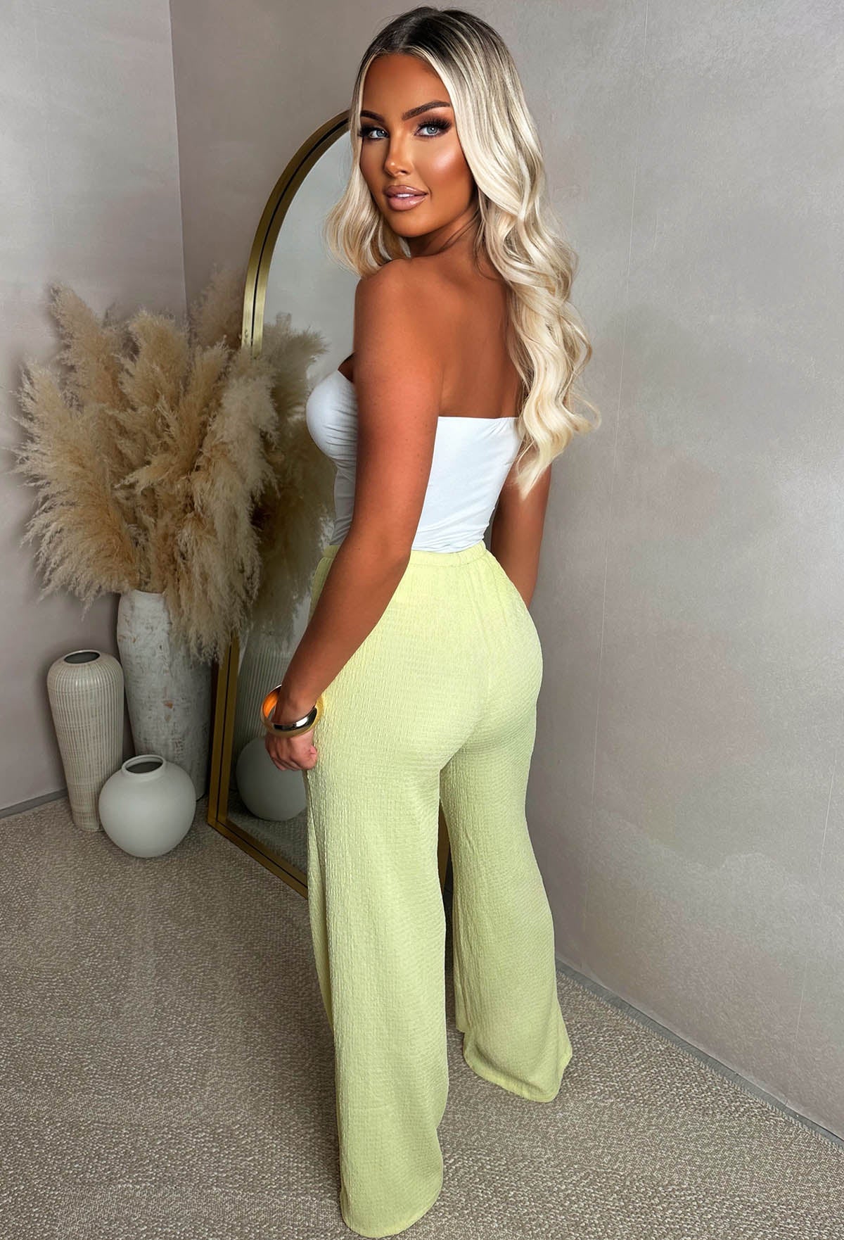 Wild Intentions Lemon Textured Drawstring Straight Leg Trousers - Image 2