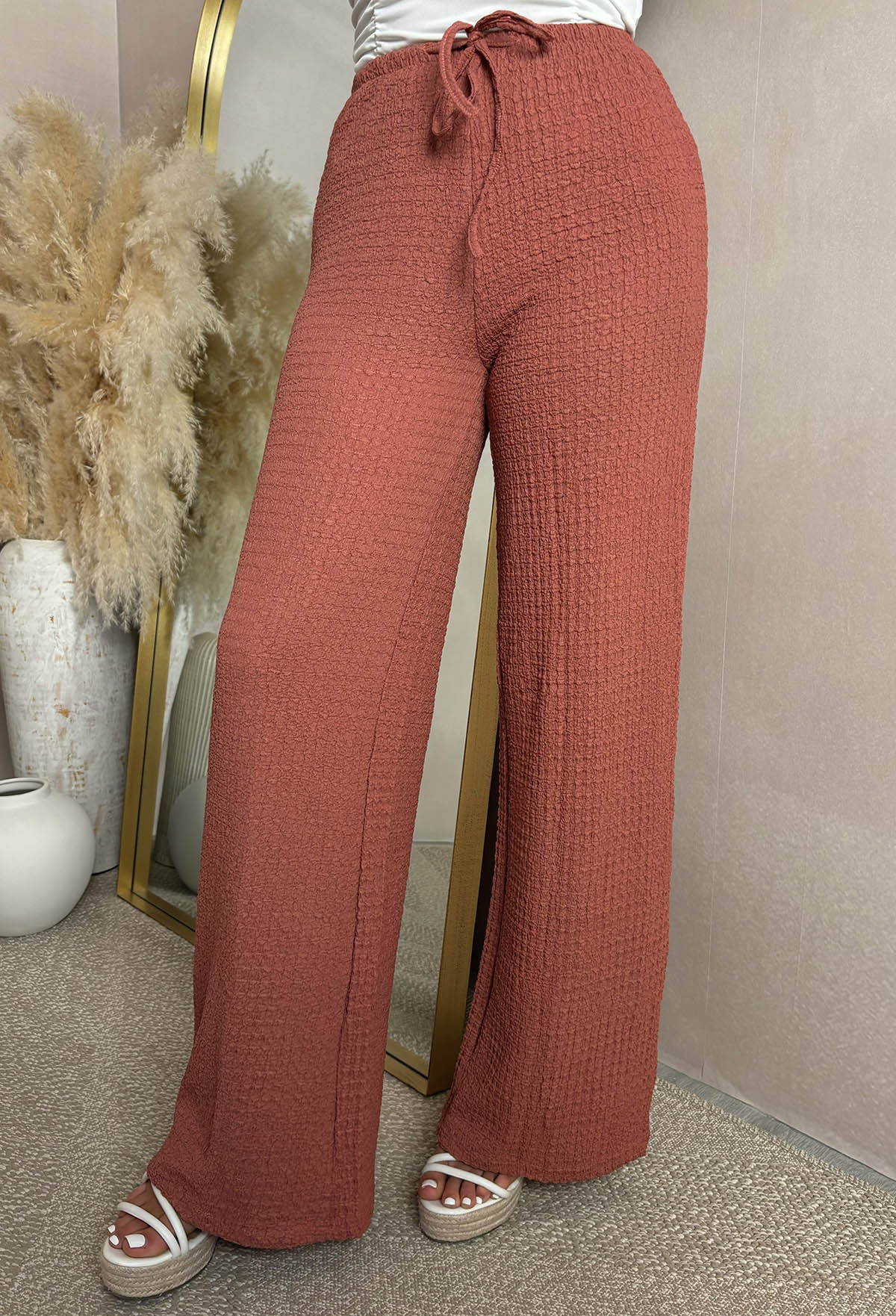 Wild Intentions Terracotta Textured Drawstring Straight Leg Trousers - Image 3