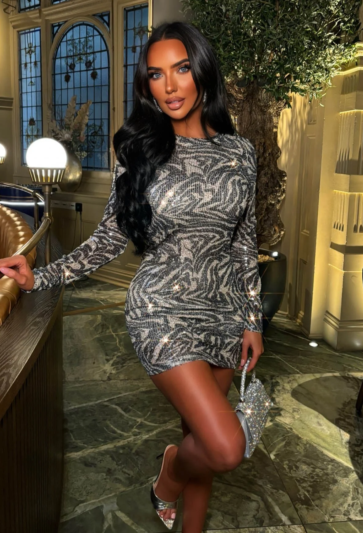 Wild Spark Grey Sequin Zebra Print Long Sleeve Mini Dress - Image 4