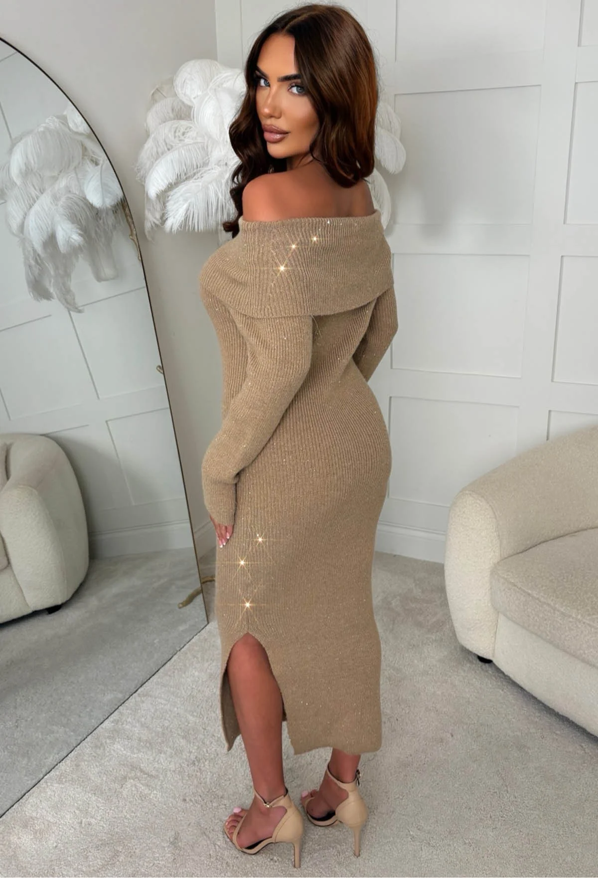 Wild Whisper Beige Sequin Knitted Bardot Midaxi Dress With Leg Split - Image 3