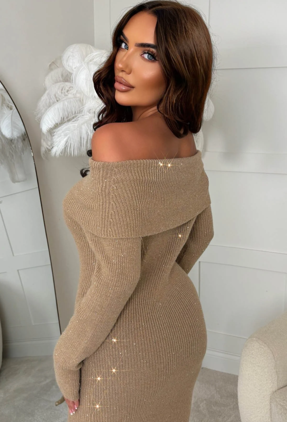 Wild Whisper Beige Sequin Knitted Bardot Midaxi Dress With Leg Split - Image 4
