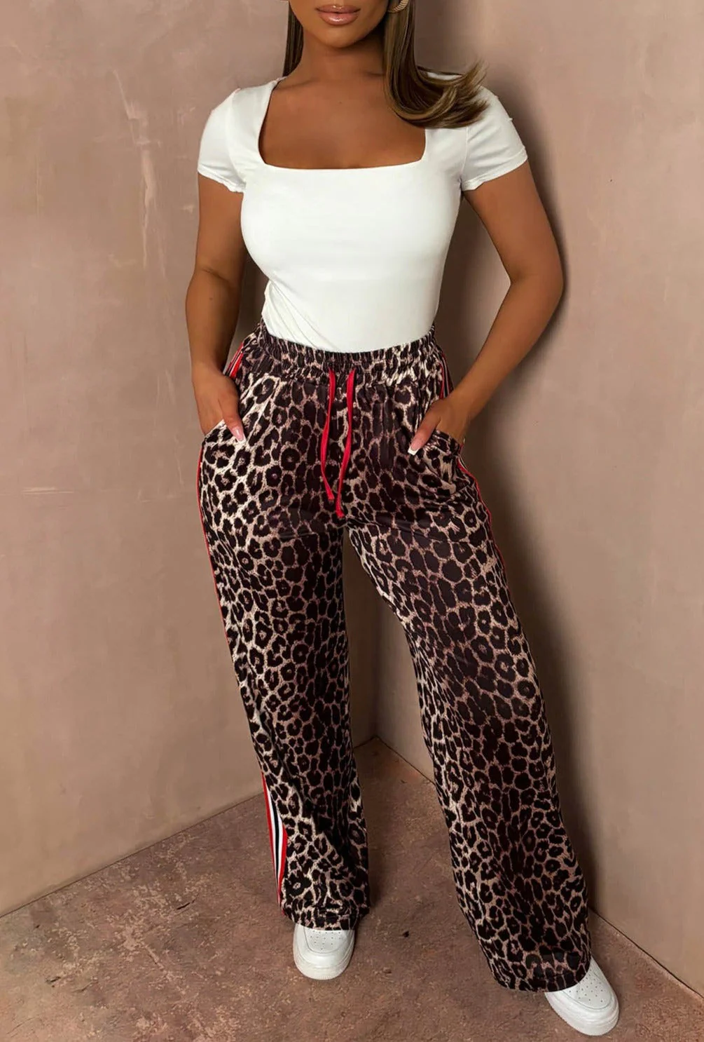 Wildest Days Leopard Print Side Stripe Wide Leg Trousers - Image 3