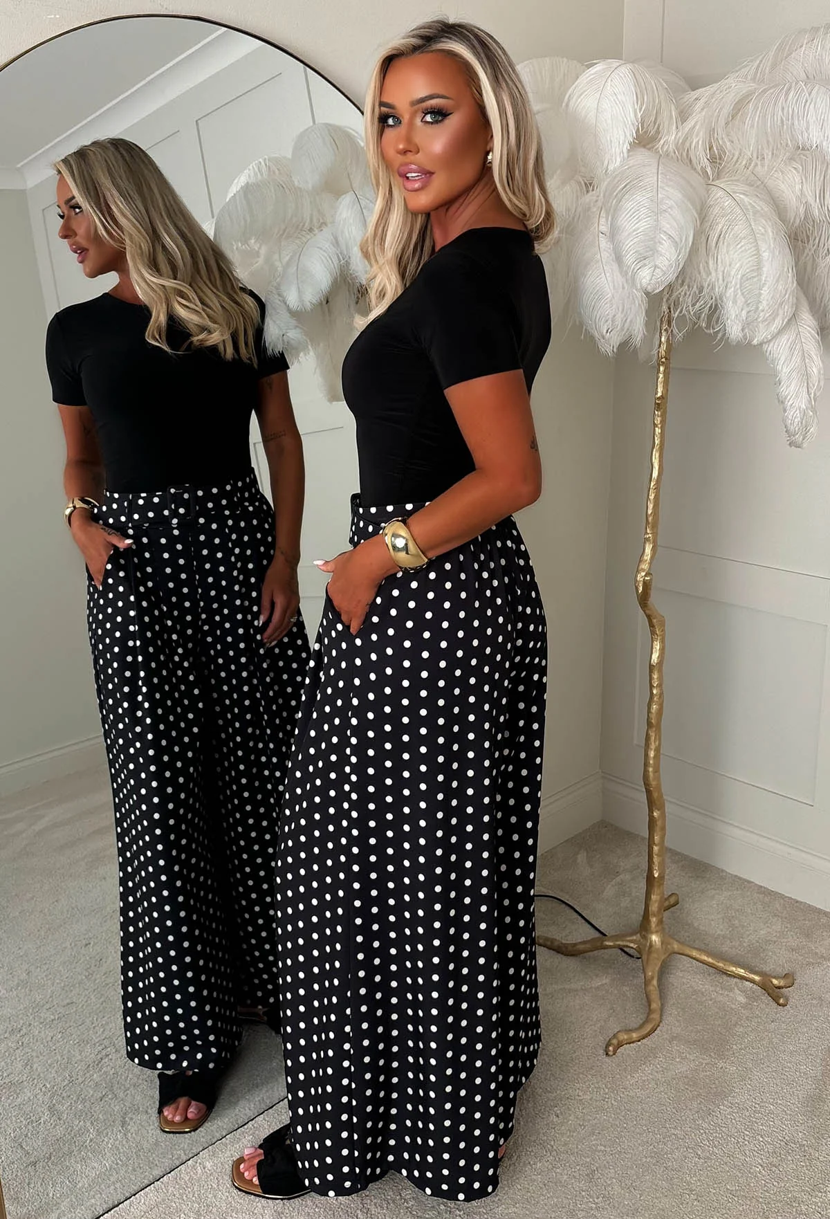 Willow Black Polka Dot Wide Leg Belted Trousers - Image 3