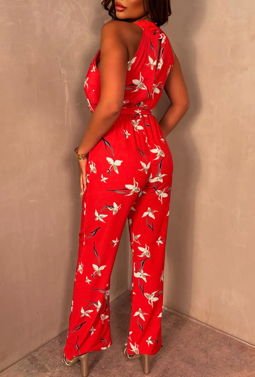 With A Twist Red Printed Twist Halterneck Jumpsuit - Image 2