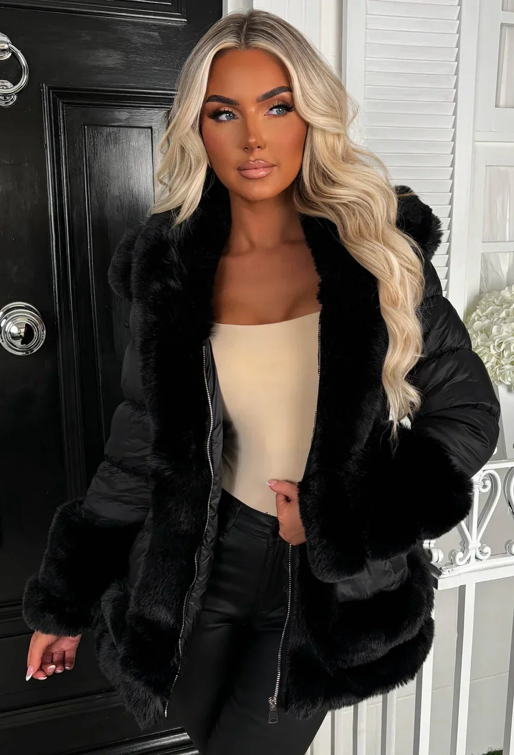 Wrapped In Romance Black Faux Fur Trim Belted Puffer Coat - Image 3