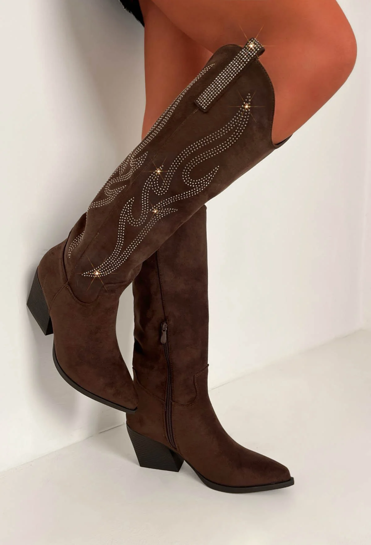 You Queen Brown Faux Suede Knee High Cowboy Boots