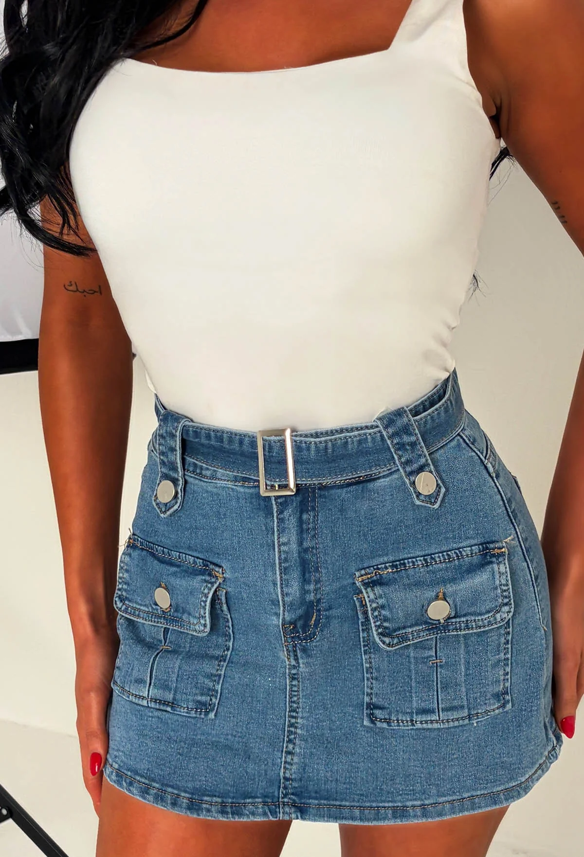 Your Trouble Mid Blue Cargo Belted Stretch Skort - Image 2