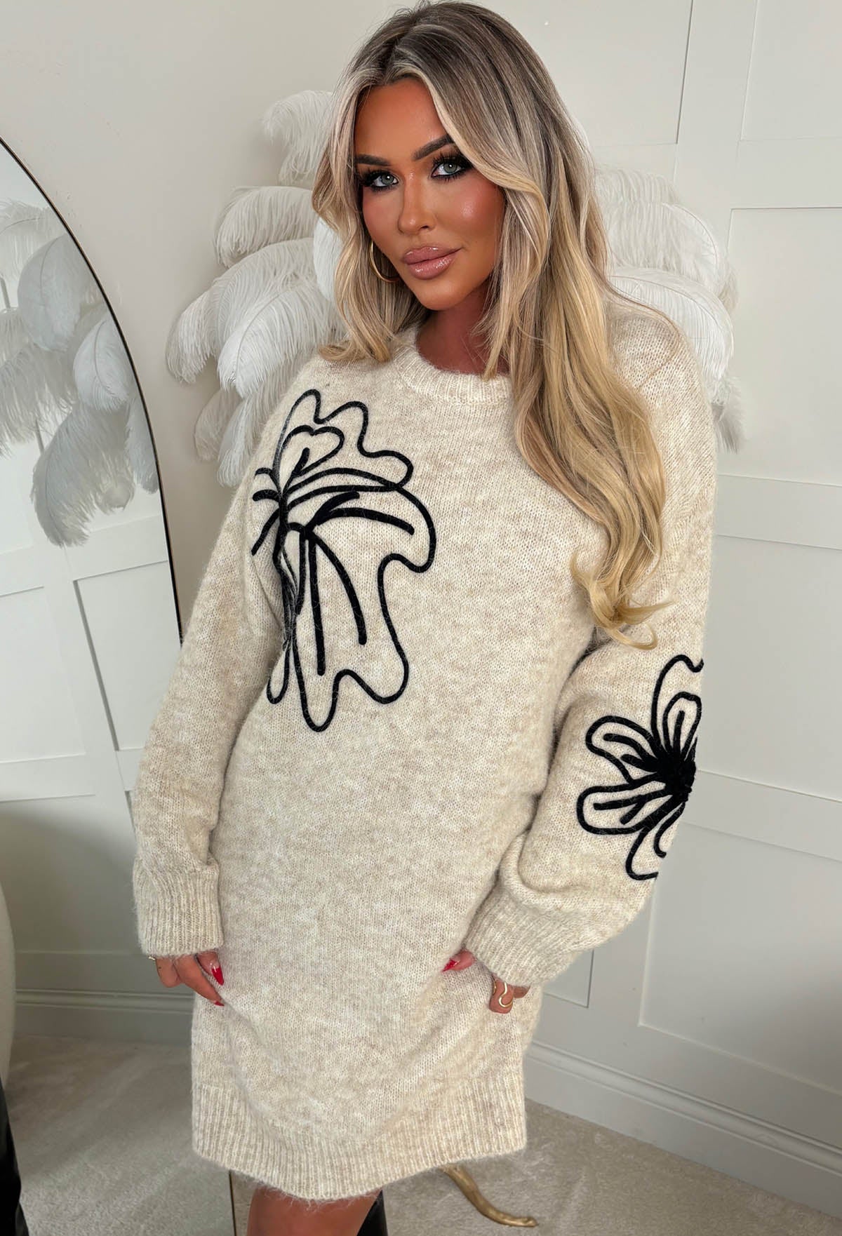 You're Adorable Beige Flower Knitted Jumper Dress - Image 3
