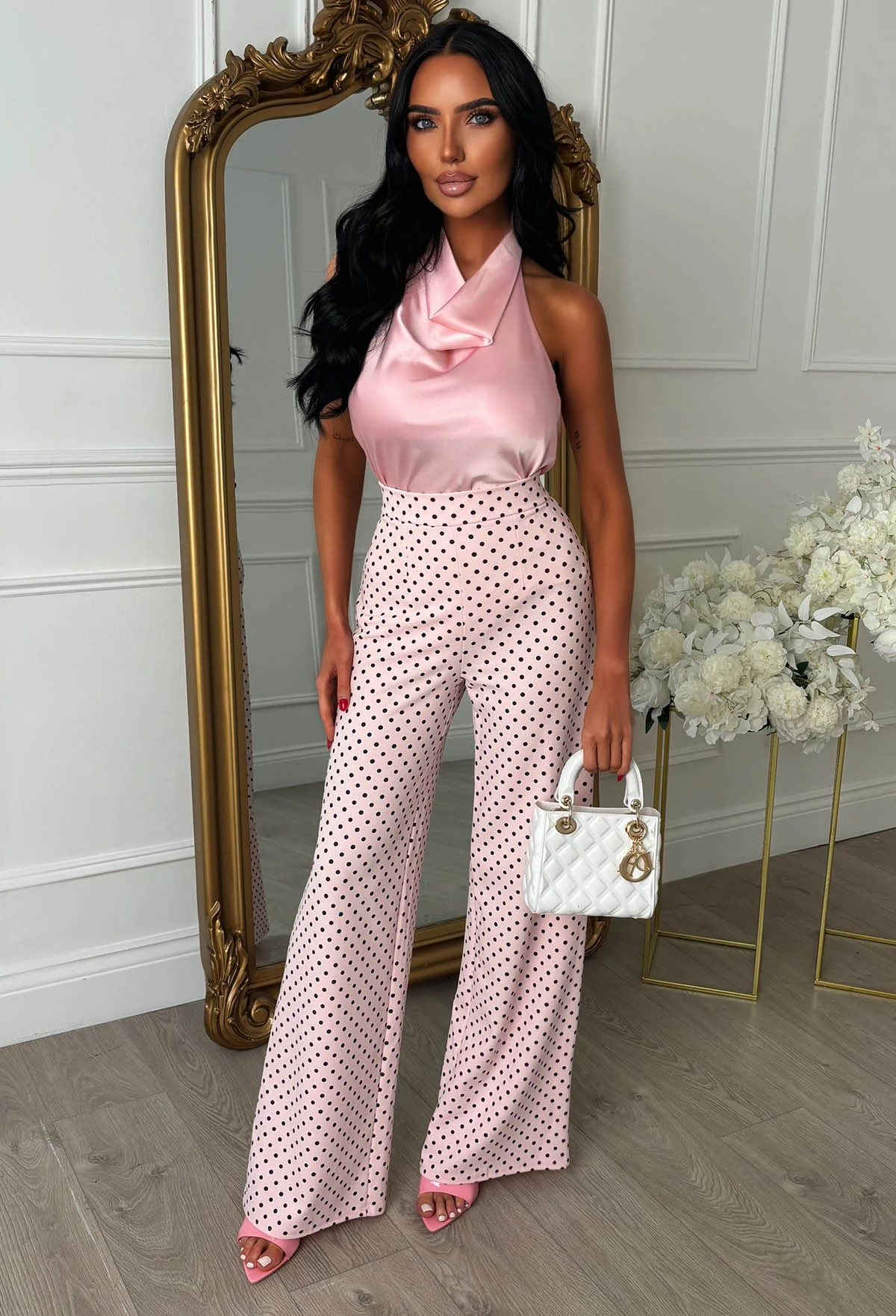 You're Fire Pink Polka Dot High Waisted Wide Leg Printed Trousers