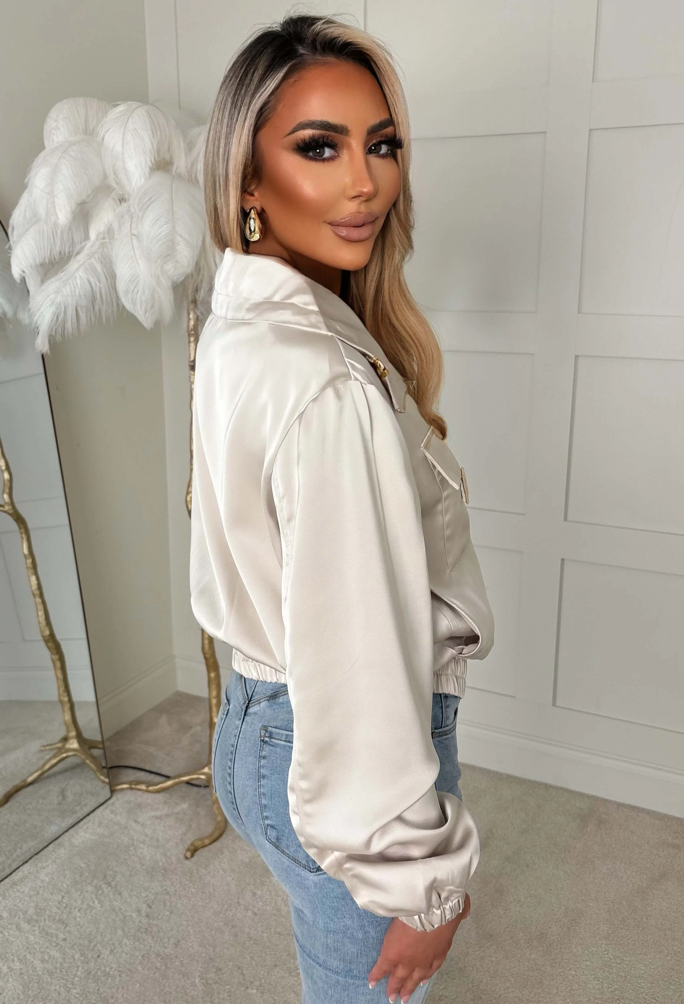 Zyla Cream Satin Hardware Jacket - Image 2