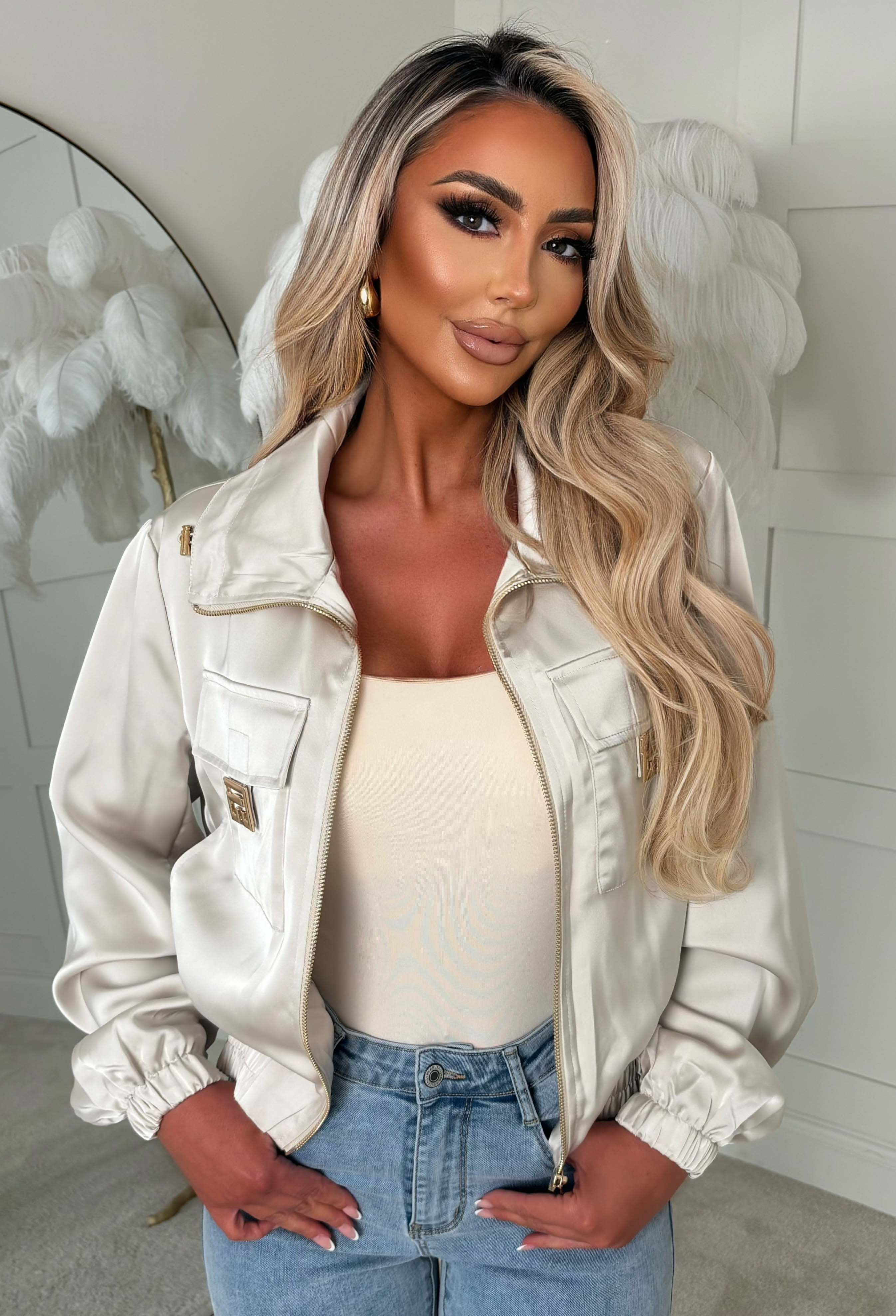 Zyla Cream Satin Hardware Jacket - Image 3