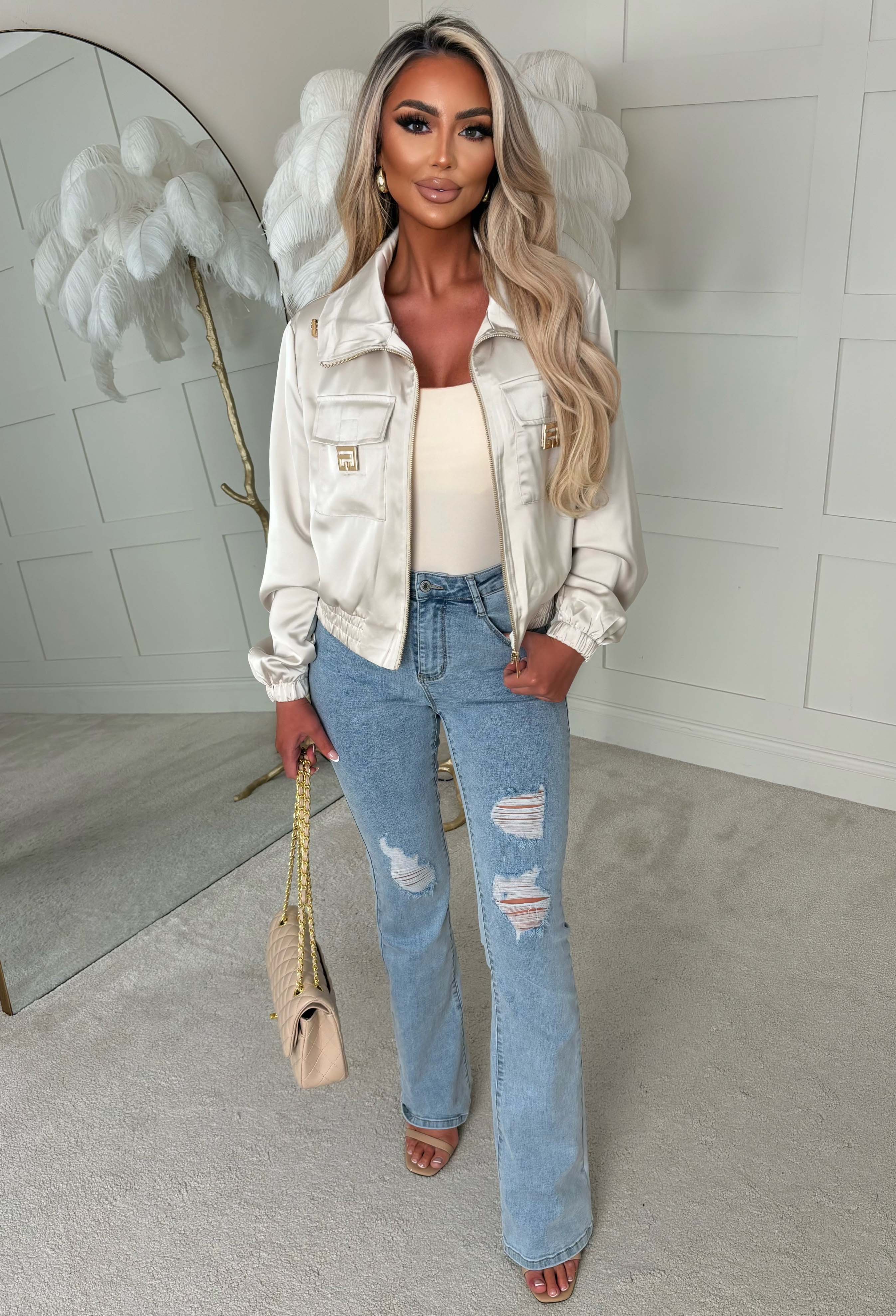 Zyla Cream Satin Hardware Jacket - Image 4
